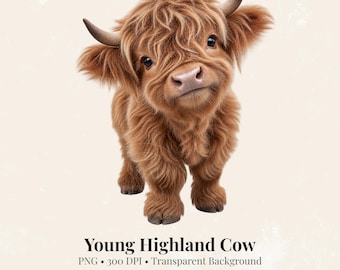 Baby Highland Cow PNG, Fluffy Highland Calf, Cow Clipart, Sublimation Design, Farmhouse Animal Art, Transparent Background