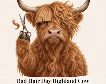 Highland Cow Haircut PNG, Funny Bad Hair Day Clipart, Hairdresser Sublimation Design, Weird Animal Clipart, Salon Digital Download.