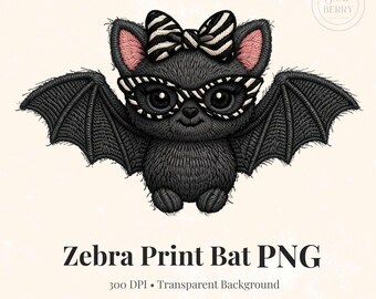 Zebra Print Bat PNG, Embroidered Animal Design, Sublimation File (Digital Download)