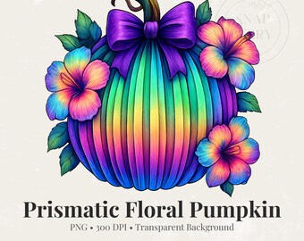 Prismatic Floral Pumpkin PNG: Iridescent Halloween Sublimation (Pobranie cyfrowe)