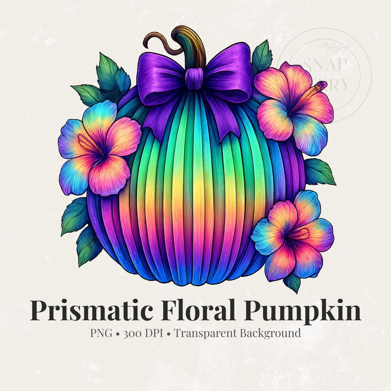 May include: A pumpkin illustration featuring a vibrant rainbow gradient of blue, green, yellow, and purple vertical stripes, topped with a purple bow and surrounded by colorful hibiscus flowers and green leaves, with the text Prismatic Floral Pumpkin.
