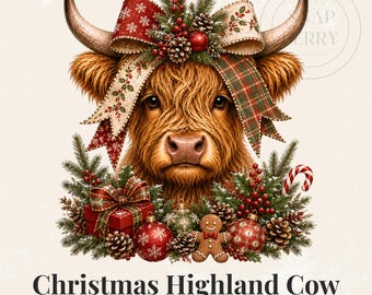 Christmas Highland Cow PNG, Festive Clipart, Transparent Background (Digital Download)