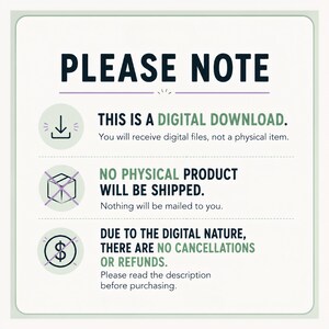 May include: A square informational graphic with a light green border and white background. The text reads: PLEASE NOTE, THIS IS A DIGITAL DOWNLOAD, NO PHYSICAL PRODUCT WILL BE SHIPPED, and DUE TO THE DIGITAL NATURE, THERE ARE NO CANCELLATIONS OR REFUNDS.