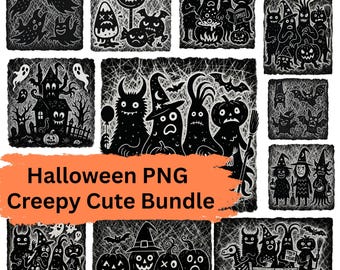 12 Creepy Cute Halloween PNG Bundle, Folk Art Sublimation (Digital Download)