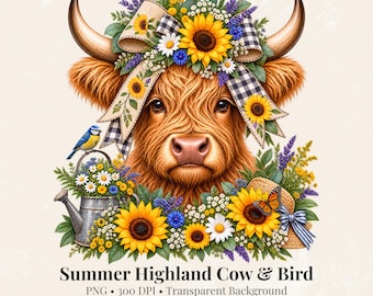 Summer Highland Cow PNG, Sunflower Cow PNG, Floral Highland Cow, Western Cow Clipart, Farmhouse Sublimation, Wildflower Cow PNG
