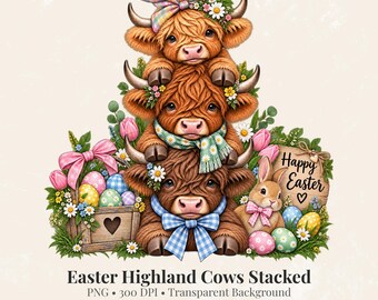 Easter Highland Cow PNG, Stacked Cows PNG, Spring Highland Cow Clipart, Floral Easter Sublimation Design, Cow Shirt Graphic
