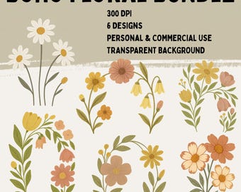 Boho Floral PNG Bundle: Transparent Background Clipart, Sublimation Design (Digital Download)