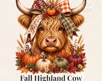 Fall Highland Cow PNG, Autumn Pumpkins, Thanksgiving Clipart (Digital Download)