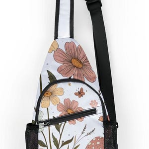 Bolso bandolera con diseño floral de setas, moderno, ideal como regalo para amantes de la naturaleza, accesorio para festivales, práctico y bonito.