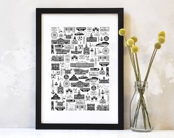 Liverpool Art Print: geïllustreerd zwart-wit stadsgezicht