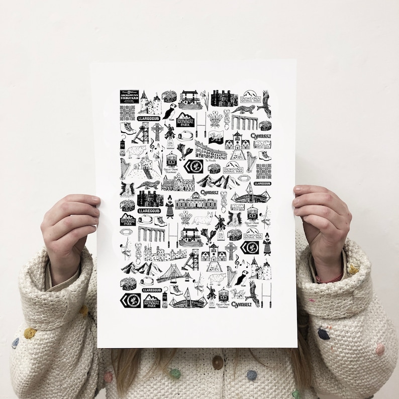 Wales Illustrated Black and White Print Etsy UK