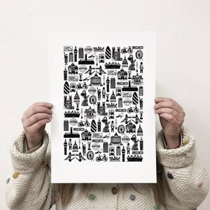 May include: Black and white illustration of London landmarks, including Big Ben, the London Eye, and the Tower Bridge. The illustration is filled with iconic symbols of the city, such as red double-decker buses, black cabs, and the Union Jack flag.