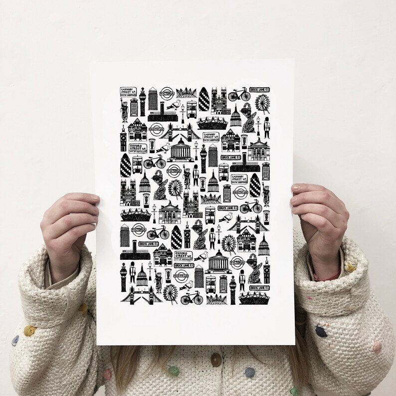 May include: Black and white illustration of London landmarks, including Big Ben, the London Eye, and the Tower Bridge. The illustration is filled with iconic symbols of the city, such as red double-decker buses, black cabs, and the Union Jack flag.