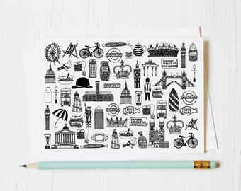 British Illustrated Birthday Card: London Landmarks