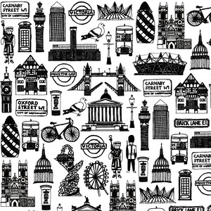 May include: Black and white line drawing illustration of London landmarks, including Big Ben, the London Eye, Tower Bridge, a double-decker bus, and a red telephone booth. The illustration also includes text such as "Carnaby Street W1", "Oxford Street W1", "Brick Lane E1", and "Victoria".