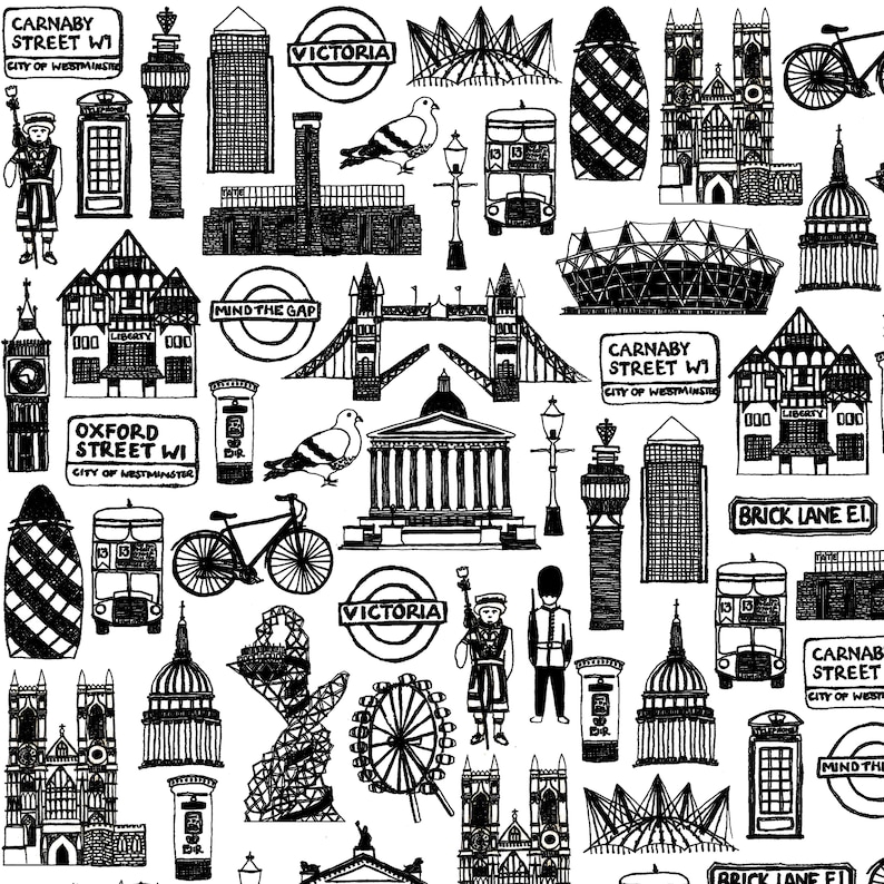 May include: Black and white line drawing illustration of London landmarks, including Big Ben, the London Eye, Tower Bridge, a double-decker bus, and a red telephone booth. The illustration also includes text such as "Carnaby Street W1", "Oxford Street W1", "Brick Lane E1", and "Victoria".