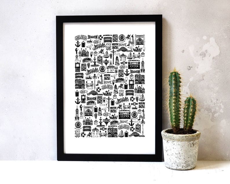 Brighton Illustrated Black and White Print Etsy UK