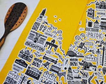 Brighton yellow tea towel, Brighton & Hove dishcloth, Brighton gifts