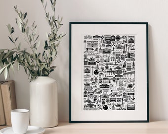 May include: Black and white illustration of a map of Brighton, England. The map features various landmarks and points of interest, including the Brighton Pier, the Royal Pavilion, and Brighton Beach.