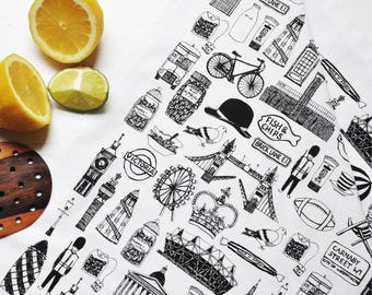 British Souvenir Tea Towel: Black & White Cotton Dishcloth