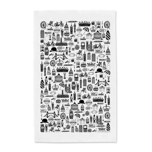 Może przedstawiać: Czarno-biała ilustracja londyńskich zabytk&oacute;w i symboli, w tym Big Ben, London Eye, autobus piętrowy, czerwona budka telefoniczna i flaga Unii.