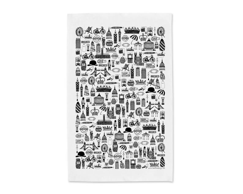 Może przedstawiać: Czarno-biała ilustracja londyńskich zabytk&oacute;w i symboli, w tym Big Ben, London Eye, autobus piętrowy, czerwona budka telefoniczna i flaga Unii.