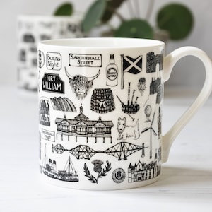 Scottish Fine Bone China Mug: Illustrated Scotland Attractions
