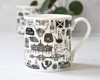 Scottish illustrated black and white mug