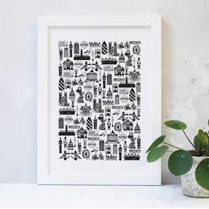 May include: Black and white illustration of London landmarks, including Big Ben, the London Eye, and the Tower Bridge. The illustration is filled with iconic symbols of the city, such as red double-decker buses, black cabs, and the Union Jack flag.