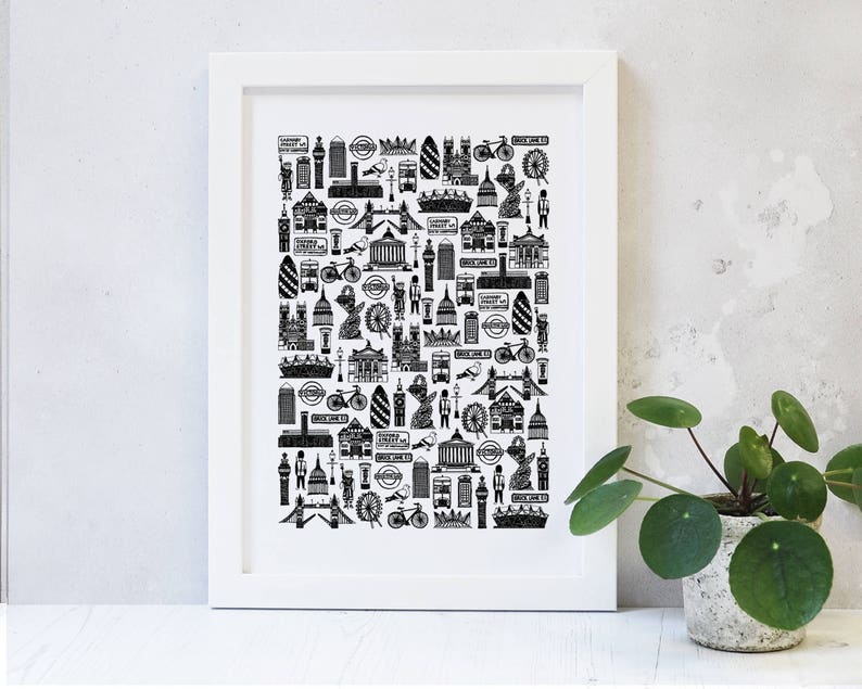 May include: Black and white illustration of London landmarks, including Big Ben, the London Eye, and the Tower Bridge. The illustration is filled with iconic symbols of the city, such as red double-decker buses, black cabs, and the Union Jack flag.