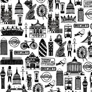 May include: Black and white line art illustration of London landmarks, including Big Ben, the London Eye, a double-decker bus, a red telephone booth, and a Buckingham Palace guard. The illustration also includes text such as "Victoria", "Brick Lane E1", "Oxford Street W1", "Mind the Gap", and "Carnaby Street".