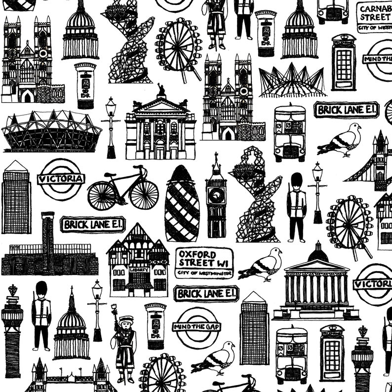 May include: Black and white line art illustration of London landmarks, including Big Ben, the London Eye, a double-decker bus, a red telephone booth, and a Buckingham Palace guard. The illustration also includes text such as "Victoria", "Brick Lane E1", "Oxford Street W1", "Mind the Gap", and "Carnaby Street".