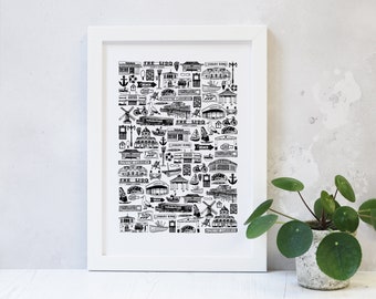 SALE Worthing illustrated black and white print