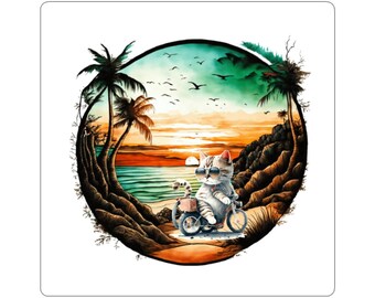 Surf Sunset Cat on Motorcycle Cut Stickers | Beach Palm Circle Sticker