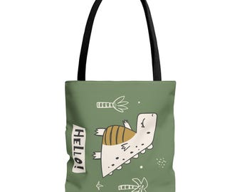 Cute Dinos Tote Bag | Cartoon Dinosaur Pattern, Green Tote, Dino Tote, Canvas Tote, Animal