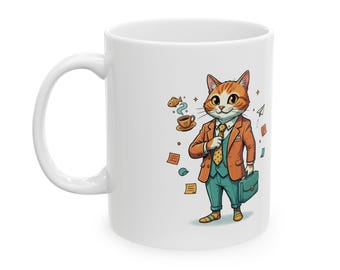 Mug Cup Office Cat Fun Funny Illustration | Ceramic Cat in Suit Coffee 11oz Animal