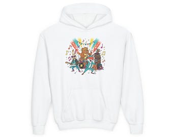 Cartoon Band Kids Hoodie | Drums Guitar Singer, Musical, Notes, Animals, Rockin' Animals, Gift for Kids