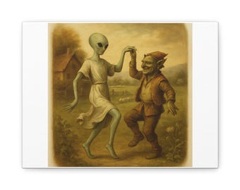 Alien and Gnome Dancing Fun Funny Matte Canvas Wall Art Cozy Gift
