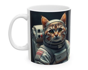 Mug Astronaut Cat in Space Ceramic Fun Funny| Space Kitty Coffee Tea Cup Animal
