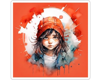 Watercolor Girl Portrait Kiss-Cut Stickers | Orange Beanie Illustration