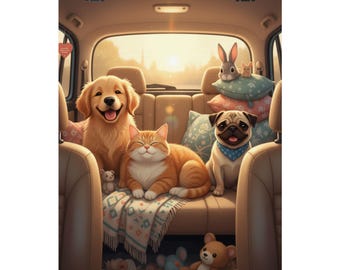 Poster Dog Cat and dogs inside a car Cartoon Fun Funny | Cozy Poster Animals Pets Matte Vertical Poster