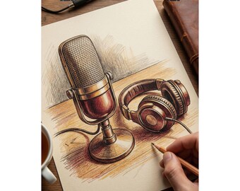 Poster Vintage Microphone and Headphones Drawing | Matte Vertical Poster Music Poster Podcast