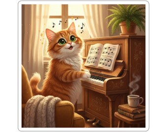 Sticker Cat Playing Piano Fun Funny Animal Cozy Cartoon Pet Pets | Wreath Cut Sticker