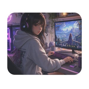 Puede incluir: Ilustración de estilo anime de una persona con una sudadera con capucha blanca y auriculares para juegos, sentada en un escritorio con una computadora. El monitor muestra un paisaje de fantasía. Se ven un teclado y un ratón morados. La sudadera tiene texto en la espalda.