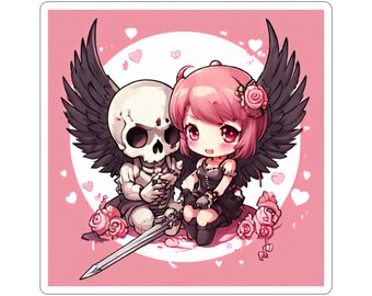 Valentine's Day Gothic Death to Cupid Skull Couple Sticker | Kiss-Cut Sticker