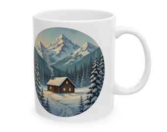 Mug Cozy Snowy Mountain Cabin| Ceramic Coffee Tea Cup