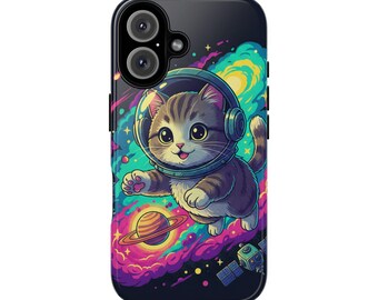 Space Kitten Astronaut phone case | Tough Case, cosmic cat, neon galaxy