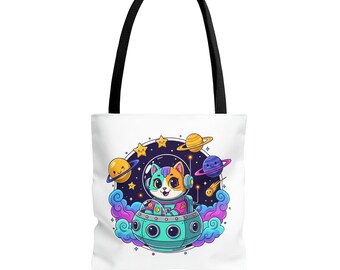 Tote Bag Cat in Starship Fun Funny | Cartoon Pets Animal Winter Market Bag