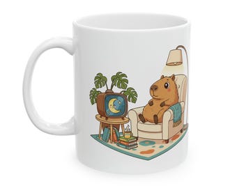 Mug Capybara and Cat Watching TV Playing Video Games | Cup Ceramic Fun Funny Animals 11oz 15oz