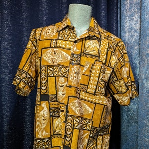 Mens VGC Hawaiian 1970s Tribal Tiki Shirt 70s Tropical Abstract M/L Hawaii Crazy Jacks Fiji